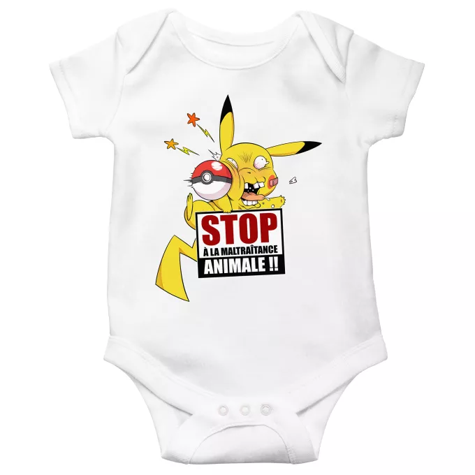 Body bébé manches courtes Parodie Pokémon Stop à la Maltraitance animale !! - Pikachu