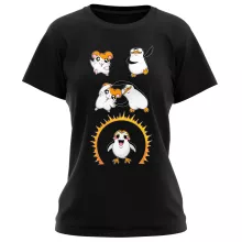 Camiseta de Mujer Rojo Borgoña parodia de Star Wars - Porg de Star Wars, Los pingüinos de Madagascar y Hamtaro (T-shirt de primera calidad - impresa en Francia - Réf : 928)