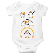 Traje de bebé Blanco de manga corta parodia de Star Wars - Porg de Star Wars, Los pingüinos de Madagascar y Hamtaro (Traje de bebé de primera calidad - impresa en Francia - Réf : 928)