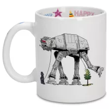Mug Anniversaire avec impression sur la anse, l'intérieur et l'extérieur - parodie Star Wars - Empereur Palpatine aka Dark Sidious et son robot chien AT-AT - Promenade impériale... (Mug de qualité supérieure idéal pour un cadeau d'anniversaire - imprimé en France)