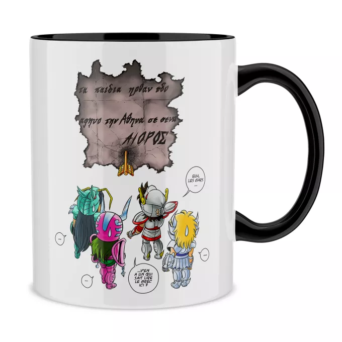 Mugs Parodie Saint Seiya 4 touristes japonais perdus en Grèce... - Shiryu, Hyoga, Shun dans la maison d'Aioros