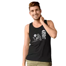 Stromtrooper SD Karikatur Herren Tank Top “Stromtrooper SD Karikatur und sein TIE Fighter Mini Drone” – Parodie auf Star Wars