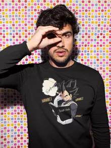 Pull Noir parodie Dragon Ball Super - Végéta de Dragon Ball Super et le Death Note - Une idée fixe... (Sweatshirt de qualité supérieure - imprimé en France)