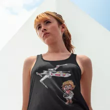Cartoon SD Luke Skywalker Vrouwen Tank Top “Cartoon SD Luke Skywalker en X-Wing Mini Drone” – Star Wars parodie