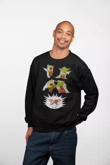 Pull Noir parodie Star Wars - Yoda, un Ewok et Gizmo - Fusion !! YAHA !! (Sweatshirt de qualité supérieure - imprimé en France)