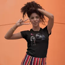 Darth Vader SD Caricature Women T-shirt “Darth Vader SD Caricature and his TIE Fighter Mini Drone” – Star Wars parody