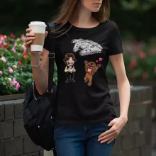 Han Solo Women T-shirt “Han Solo and Chewbacca SD Caricatures and Falcon Millenium Mini Drone” – Star Wars parody