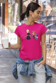 L T-shirt för kvinnor “L, Lignt Yagami och Kira” – Parodi Bleach