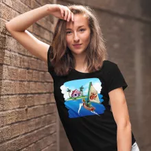 T-shirt de mulher Link “Link e Casa do Kame” – Zelda de parodia