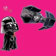 Tecknad SD Darth Vader T-shirt för kvinnor “Tecknad SD Darth Vader och TIE Fighter Mini Drone” – Parodi Stjärnornas krig