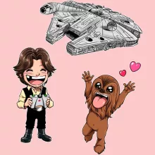 Han Solo Baby Strampler (Mädchen) “Han Solo und Chewbacca SD Karikaturen und Das Falcon Millenium Mini Drone” – Parodie auf Star Wars