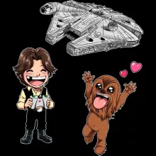 Maglietta Caricature SD “Caricature SD di Han Solo e Chewbacca e il Falcon Millenium Mini Drone” – Parodia dei Star Wars