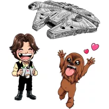 Han Solo totebag “Han Solo und Chewbacca SD Karikaturen und Das Falcon Millenium Mini Drone” – Parodie auf Star Wars