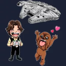 Felpa con cappuccio Caricature SD “Caricature SD di Han Solo e Chewbacca e il Falcon Millenium Mini Drone” – Parodia dei Star Wars