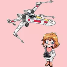 Cartoon SD Luke Skywalker Babyromper (meisje) “Cartoon SD Luke Skywalker en X-Wing Mini Drone” – Star Wars parodie