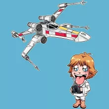 Cartoon SD Luke Skywalker Babyromper “Cartoon SD Luke Skywalker en X-Wing Mini Drone” – Star Wars parodie