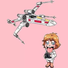 Luke Skywalker SD Karikatur Kappe “Luke Skywalker SD Karikatur und X-Wing Mini Drone” – Parodie auf Star Wars