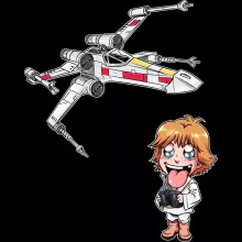 Cartoon SD Luke Skywalker Damen T-shirt “Cartoon SD Luke Skywalker en X-Wing Mini Drone” – Star Wars parodie