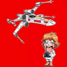 Luke Skywalker Women T-shirt “Luke Skywalker SD caricature and his X-Wing Mini Drone” – Star Wars parody