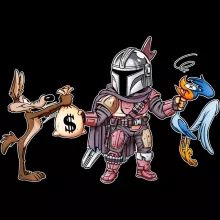 Mando Der Mandalorianer Langarm T-Shirt “Mando Der Mandalorianer aka Din Djarin, Road Runner und Wile E. Coyote” – Parodie auf Star Wars
