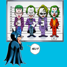 Maglietta per bambini e ragazzi “Batman e il Joker (Jared Letho, Jack Nicholson, Heath Ledger und Joaquin Phoenix)” – Parodia dei Batman