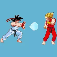 Dragon Ball Z - DBZ parodi Blå Body baby korta ärmar (pojkar) - Ryu, Ken VS Son Goku och Vegeta (Högklassig Body Baby - Tryckt i Frankrike - Ref : 806)