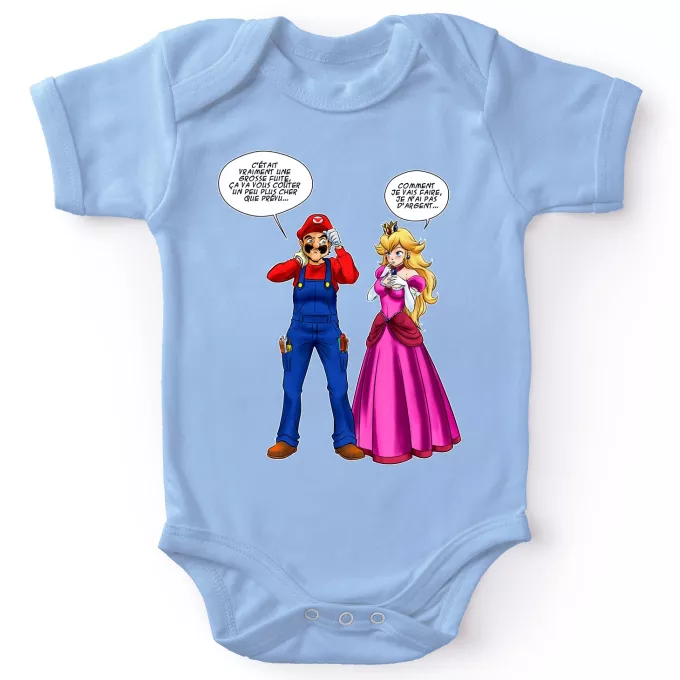 Body bébé manches courtes (garçons) Parodie Super Mario Le plombier et la blonde pulpeuse... - Princesse Peach