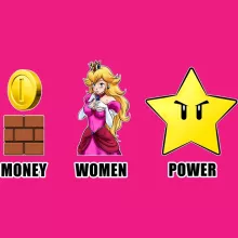 Mario Women T-shirt “Women, Money and Power” – Super Mario parody