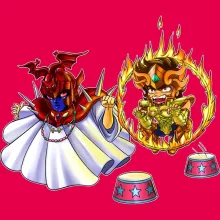 Pegasus Seiya Damen T-shirt “Pegasus Seiya, Aiolia des Löwen und der Pope” – Parodie auf Saint Seiya