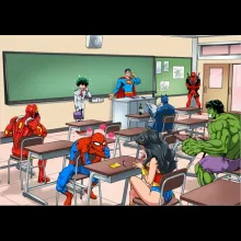 My Hero Academia parodi Svart T-shirt för män - Deku med Deadpool, Stålmannen, Iron Man, Wonder Woman, Spindelmannen, Batman och Hulk (Högklassig T-shirt - Tryckt i Frankrike - Ref : 1115)