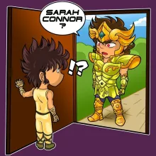 Pegasus Seiya Damen T-shirt “Pegasus Seiya, Aiolia Leo en De uitroeier” – Saint Seiya parodie