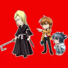L T-shirt för kvinnor “L, Lignt Yagami och Kira” – Parodi Bleach