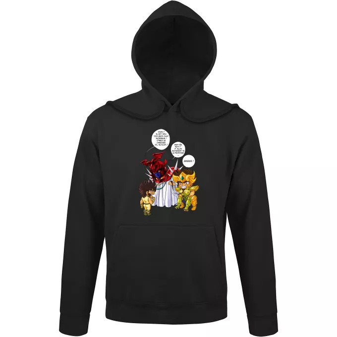 Sweat-shirts à Capuche Parodie Saint Seiya Un gros chat sauvage en laisse ! - Aiolia chevalier d'or du Lion face au Grand Pope