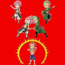 Natsu Damen T-shirt “Natsu, Lolonoa Zoro en Ryomen Sukuna (Yuji Itadori)” – One Piece parodie