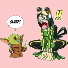 Stjärnornas krig parodi Rosa Body baby korta ärmar (flicka) - Tsuyu Asui aka Froppy och Grogu aka Baby Yoda (Högklassig Body Baby - Tryckt i Frankrike - Ref : 1211)