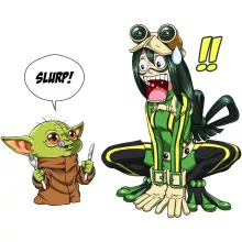 Stjärnornas krig parodi Vit Barnens Keps - Tsuyu Asui aka Froppy och Grogu aka Baby Yoda (Högklassig Keps - Tryckt i Frankrike - Ref : 1211)