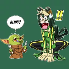 Stjärnornas krig parodi Mugg med färgad handtag och inredning (Mörkgrön) - Tsuyu Asui aka Froppy och Grogu aka Baby Yoda (Högklassig Mugg - Tryckt i Frankrike - Ref : 1211)