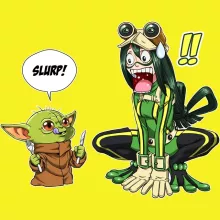 Stjärnornas krig parodi äppelgrönt T-shirt för män - Tsuyu Asui aka Froppy och Grogu aka Baby Yoda (Högklassig T-shirt - Tryckt i Frankrike - Ref : 1211)