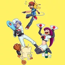 Pikachu T-shirt för kvinnor “Pikachu, Ash Ketchum och Team Rocket” – Parodi Pokémon